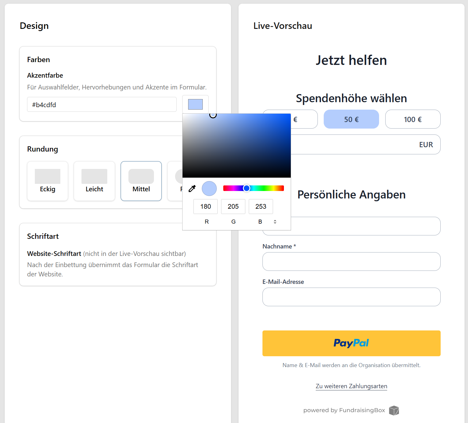 Design-Einstellungen für Akzentfarbe und Rundung des Single-Step Formulars