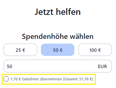 Screenshot des Single-Step Formulars mit aktivierter Gebührenübernahme