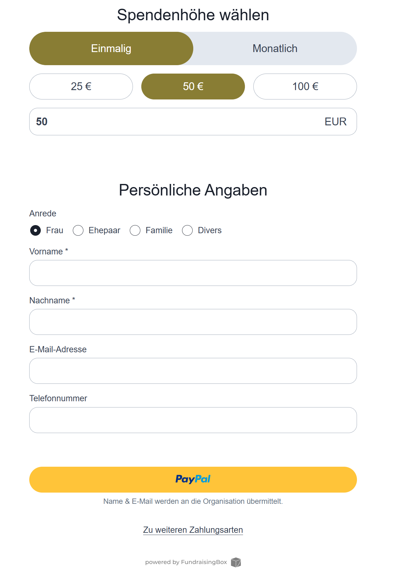 Beispiel eines eingebetteten Single-Step Formulars auf einer Website