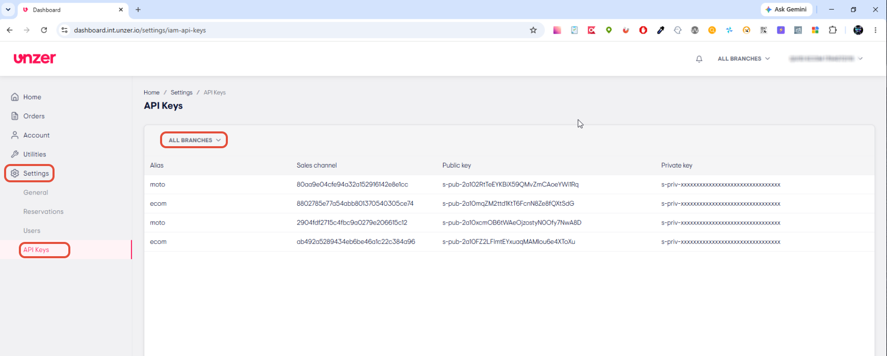API keys list in the UnzerOne Dashboard