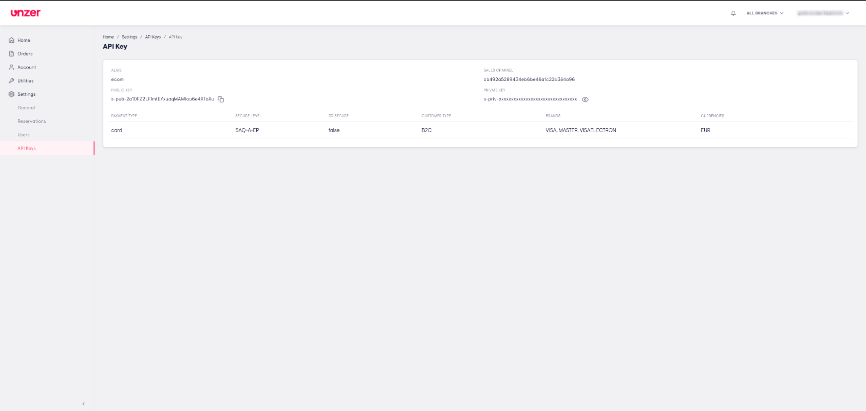 API key details view