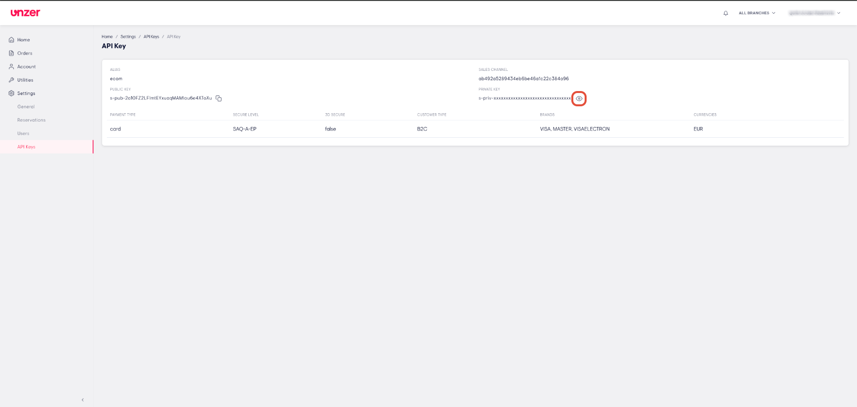 Eye icon next to the Private key field