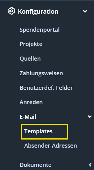 Screenshot der Menüleiste mit dem Punkt Templates
