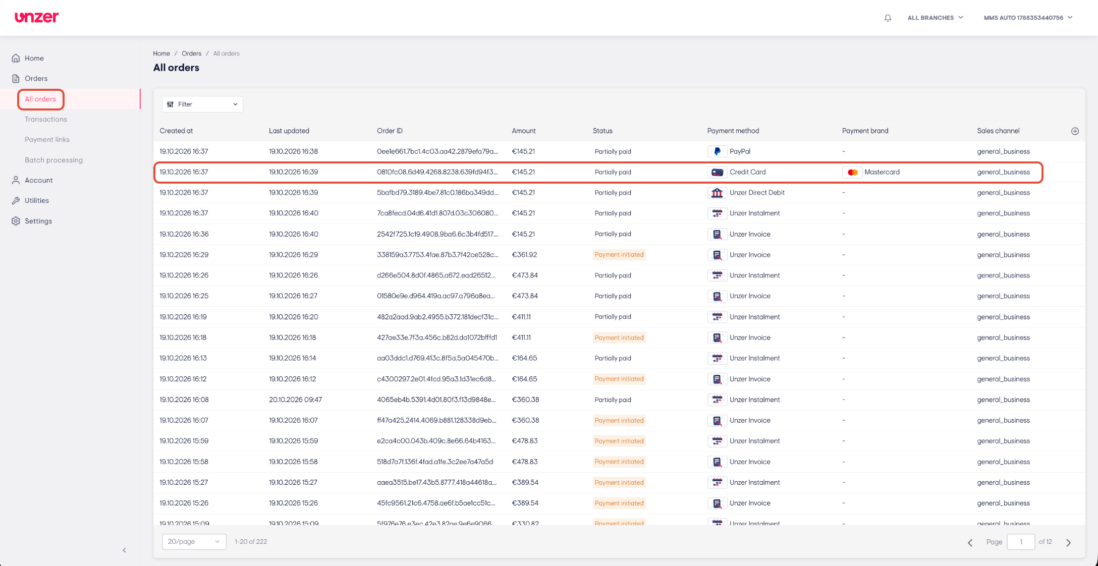 Order details and actions screenshot