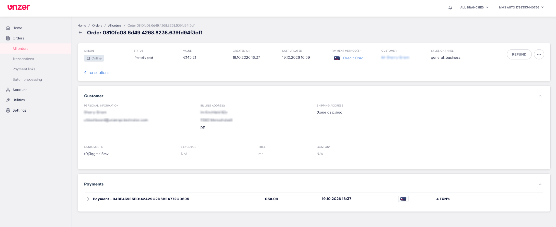 Order details and actions screenshot