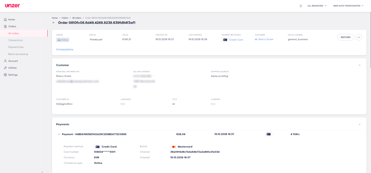 Order details and actions screenshot