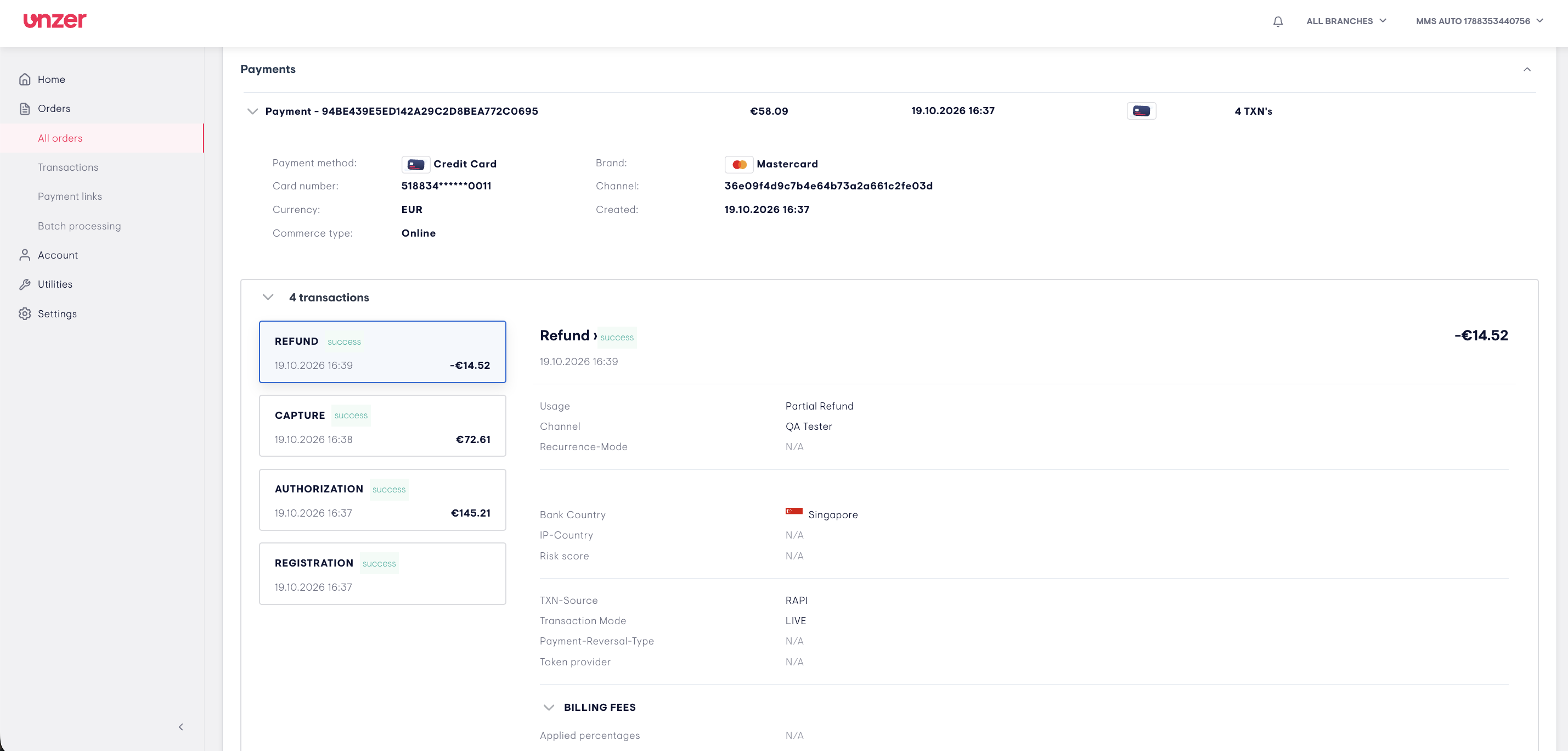 Order details and actions screenshot