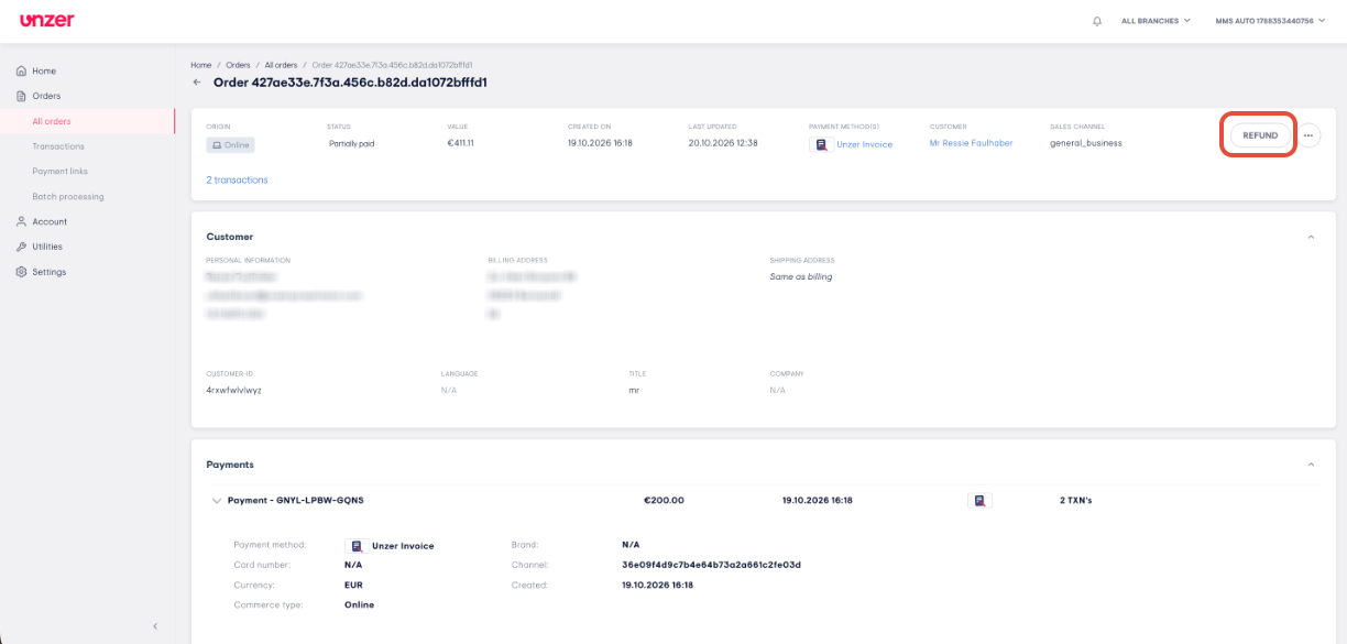 Order details and actions screenshot