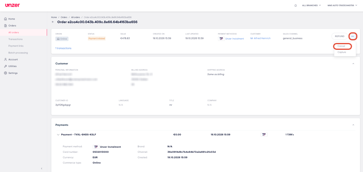 Order details and actions screenshot