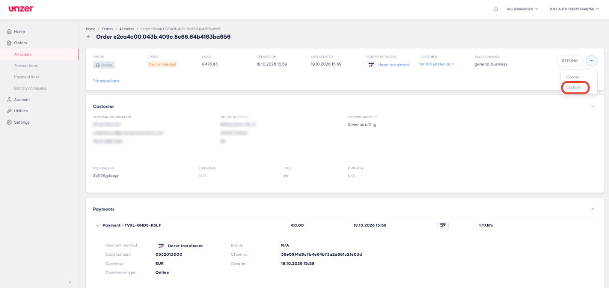 Order details and actions screenshot