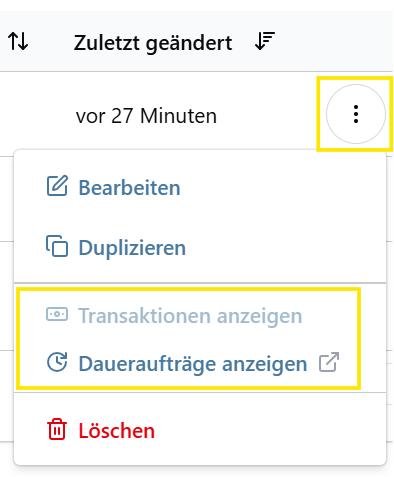 Screenshot der Menüpunkte Transaktionen anzeigen und Daueraufträge anzeigen