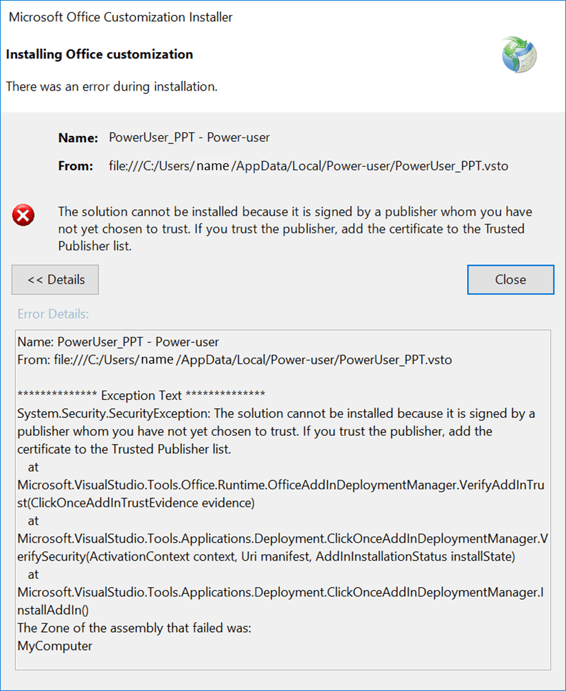 Certificate issue after installing the Power-user add-in in PowerPoint, Excel or Word 