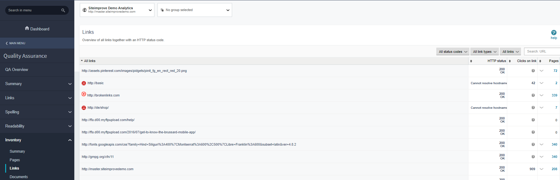 Quality Assurance, Inventory, Links menu