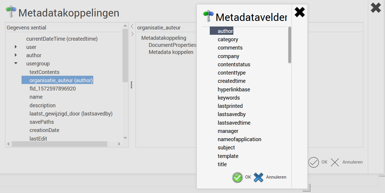 Metadata links window with the property linked to author