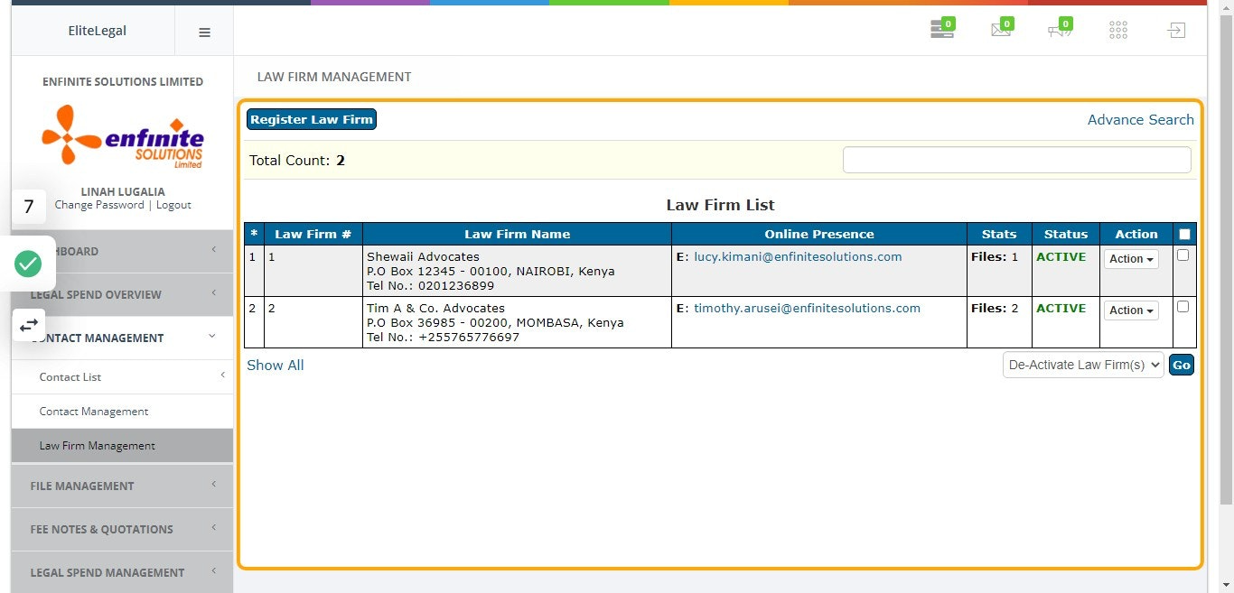 List of the law firms registered appears as shown below after registration process