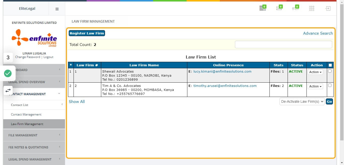 This enables you to view all the law firms registered in the system