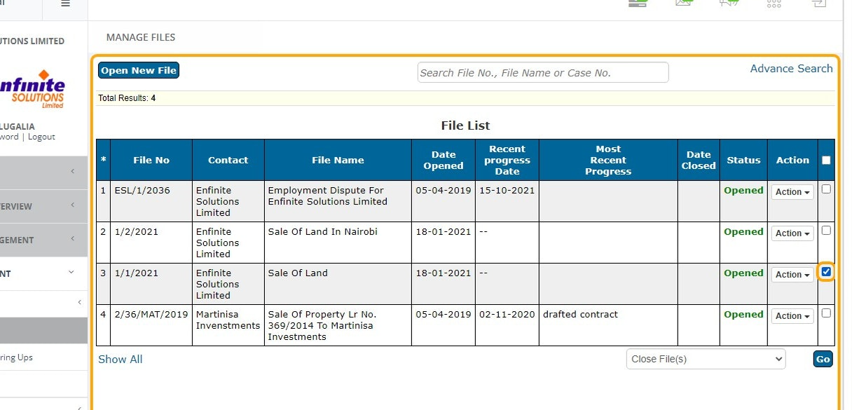 To close a file, select it by clicking on the Check Box against it