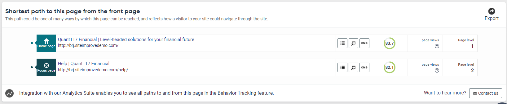 Shortest path information shown on the page inspector page