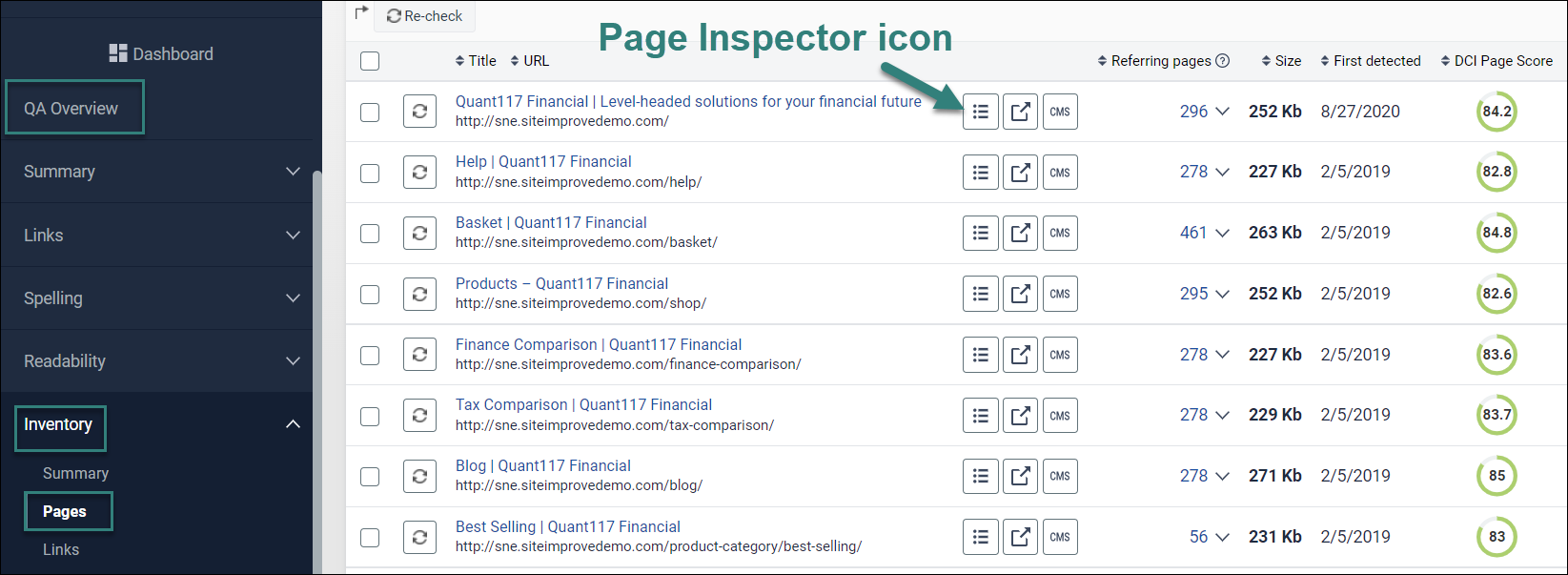 Pages section of the QA Inventory