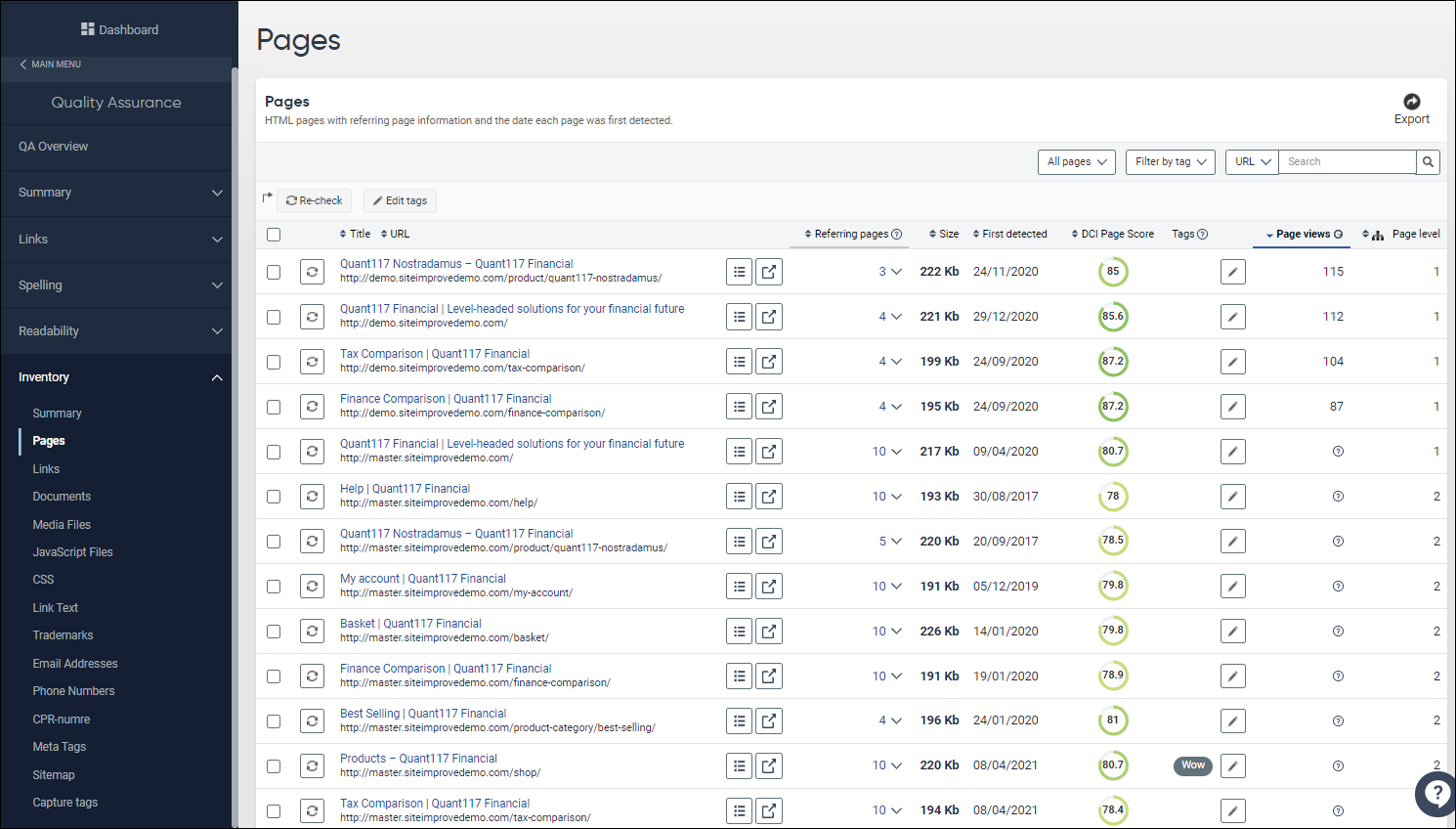 QA Inventory Pages view
