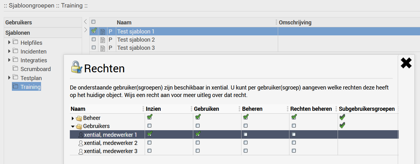 Rights screen at template level with View and Use checked for a specific user