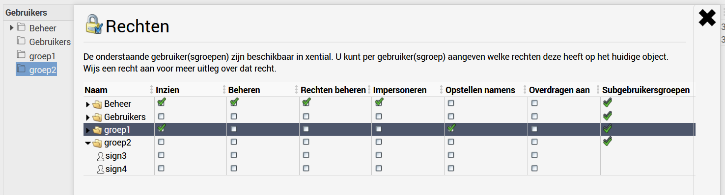 Rights screen with Compose on behalf of checked for a user group