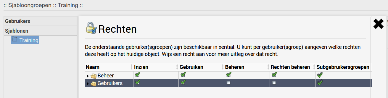 Rights screen at template group level with View and Use options
