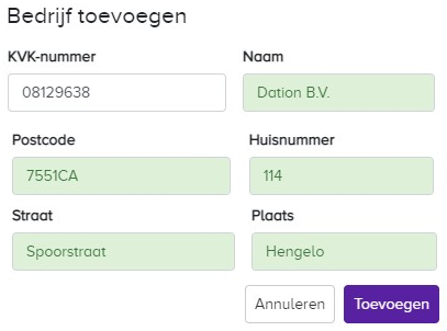 Bedrijf KVK API Dation toevoegen