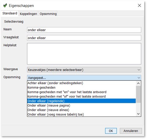 Properties screen in xential with list options and separators