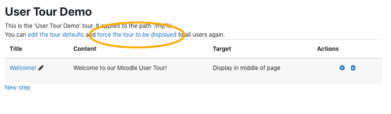 Picture of tour settings page with force the tour to be displayed link circled