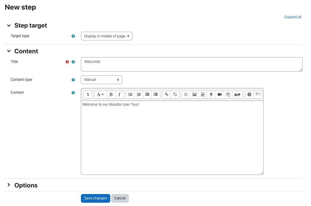 Picture of New Step settings fields with example text filled in 