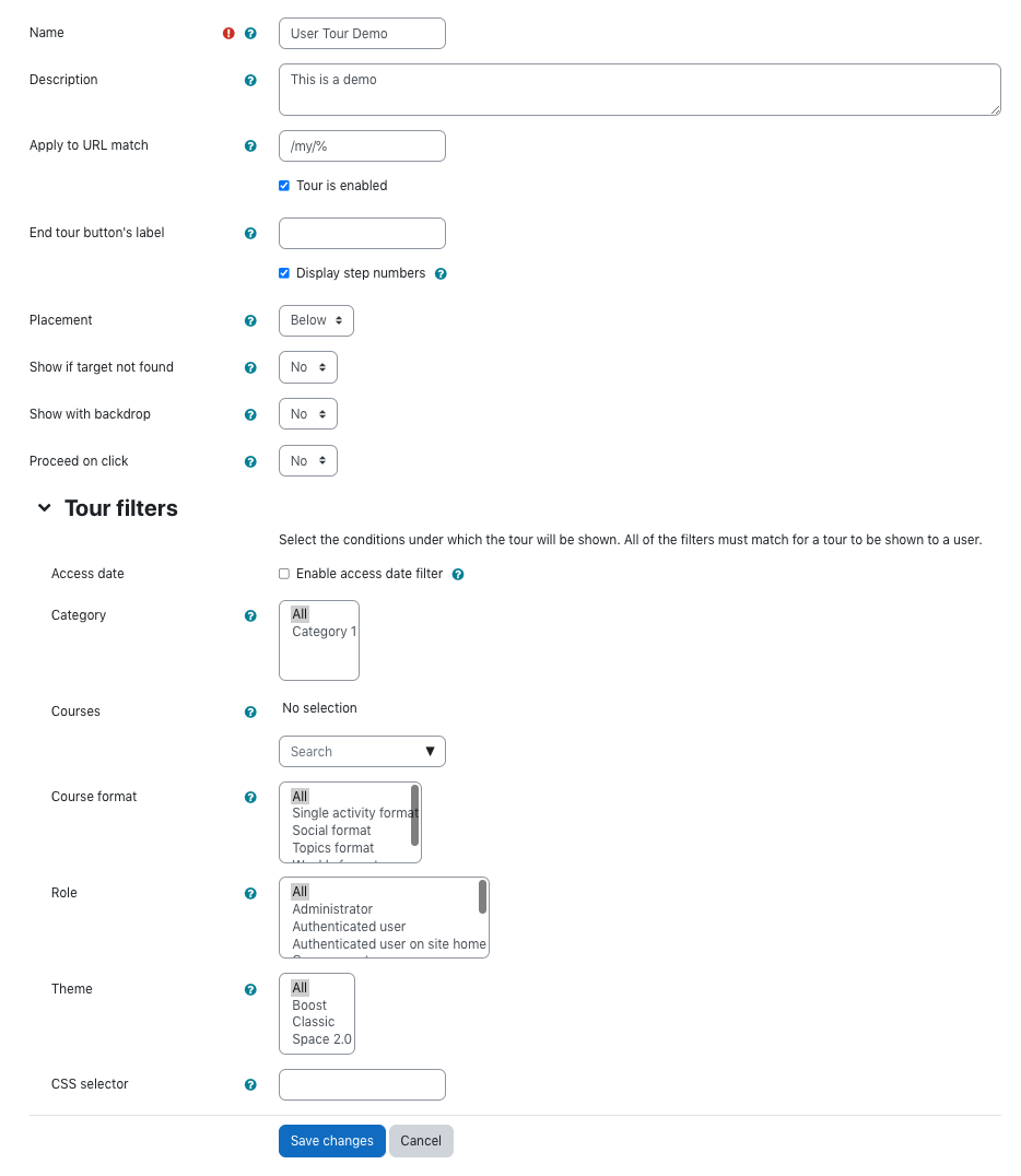 Picture of User Tours settings menu with example fields filled in 