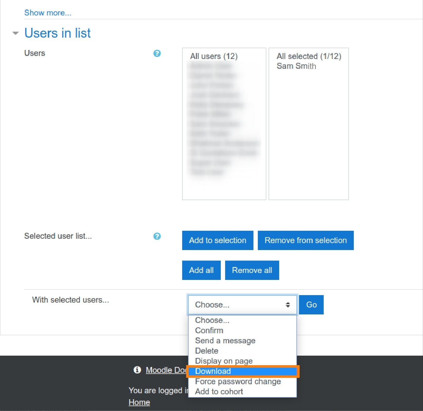 Picture of Bulk user actions menu with example user selected and Download selected from the list of actions and circled in orange 