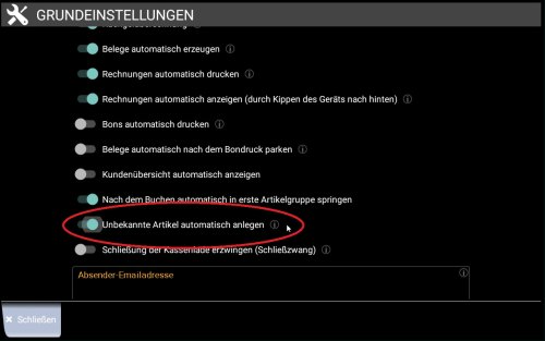 Popup Grundeinstellungen: Schalter "unbekannte Artikel automatisch anlegen"