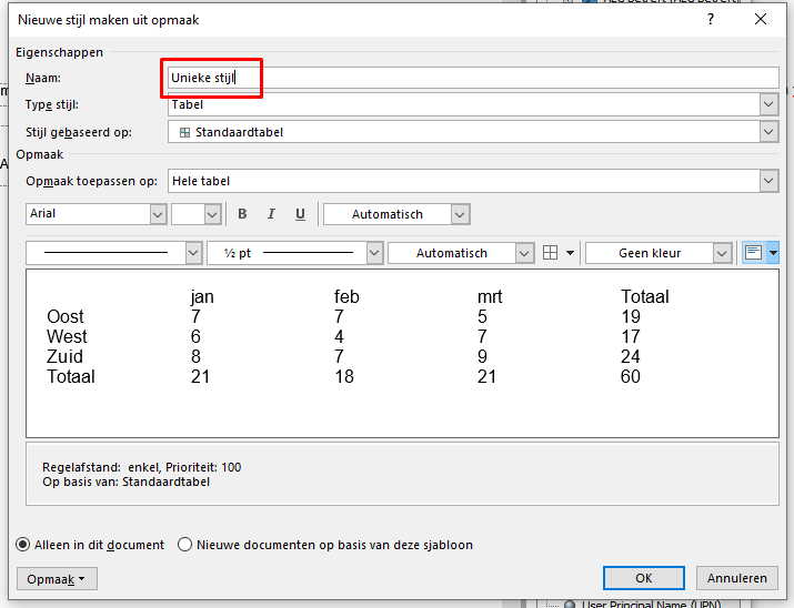Properties of the new table style in xential|studio
