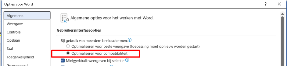 Word option Optimise for compatibility under User Interface options