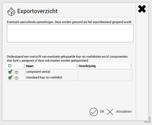 Export window in xential|manager with options for comments and linked objects