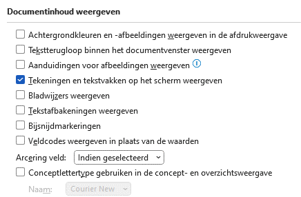 Word settings window showing the Show document content section under Advanced
