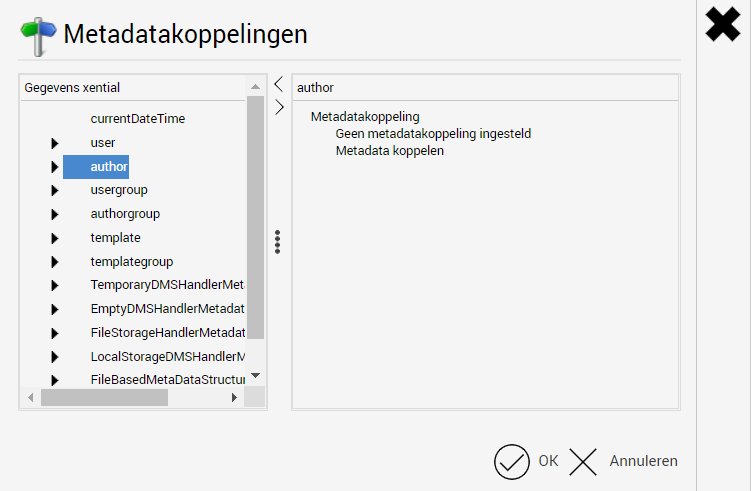 Metadata links window with available data in the left pane