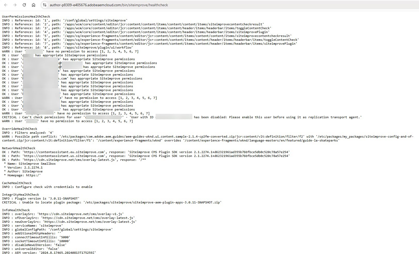 Screenshot of debugging tooling check results