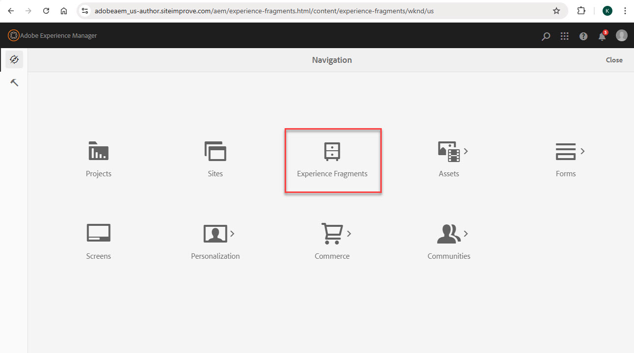 Screenshot of Experience Fragments area under the main AEM navigation