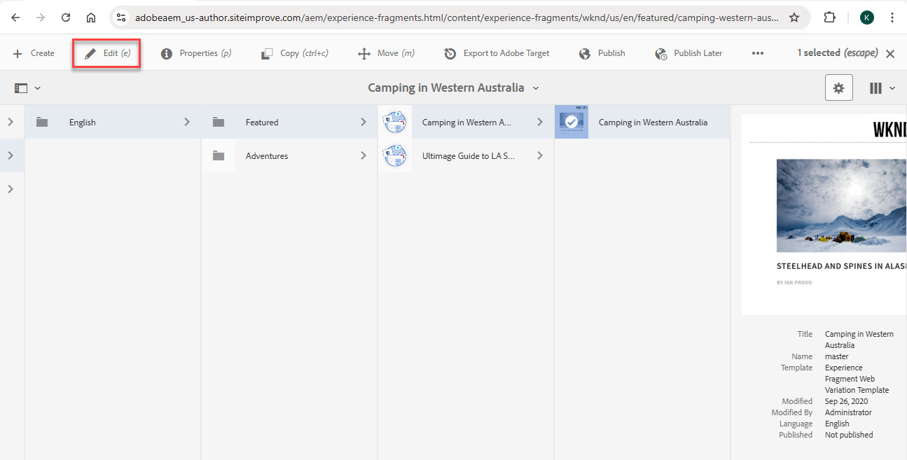 Screenshot of Editing an Experience Fragment