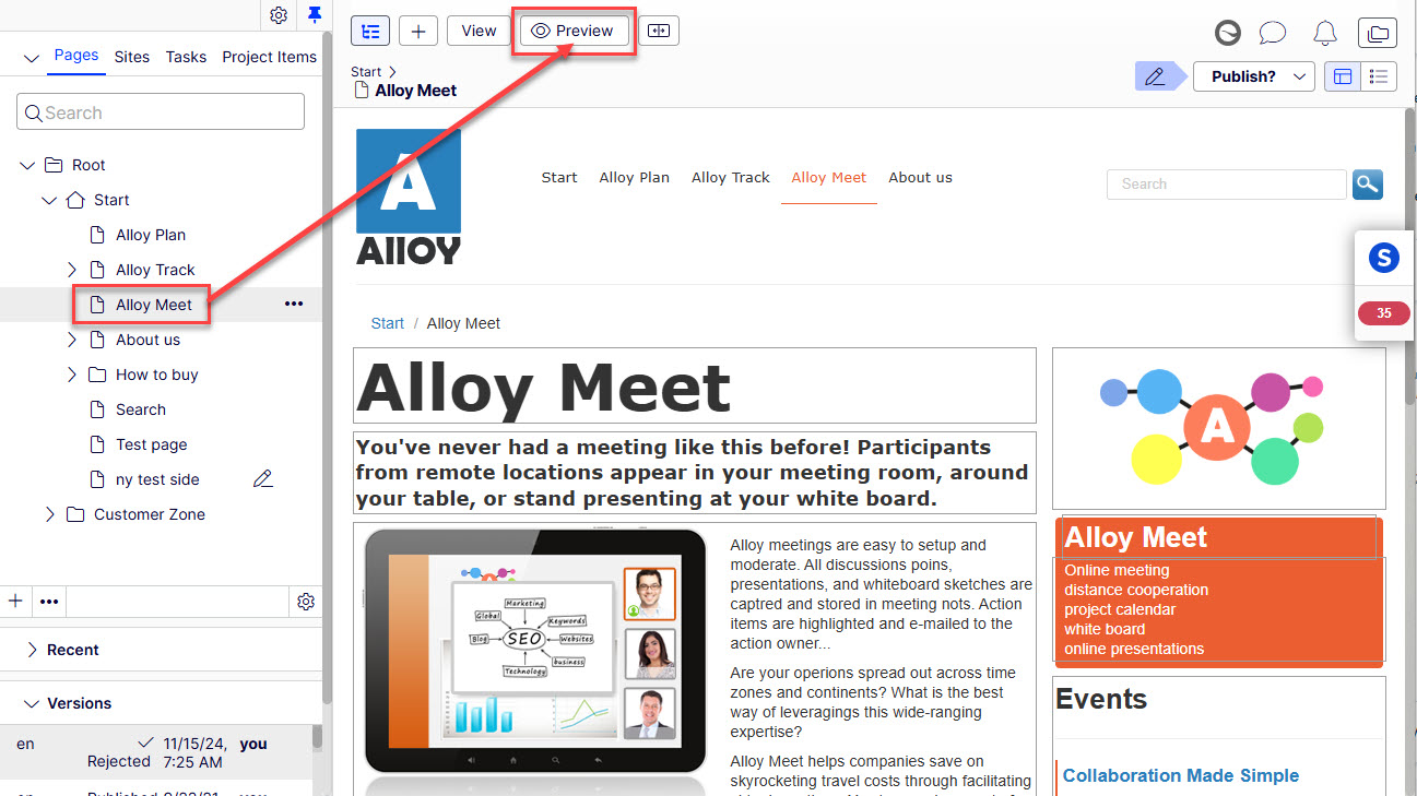 Screenshot of selecting a page and selecting the Preview button in Optimizely