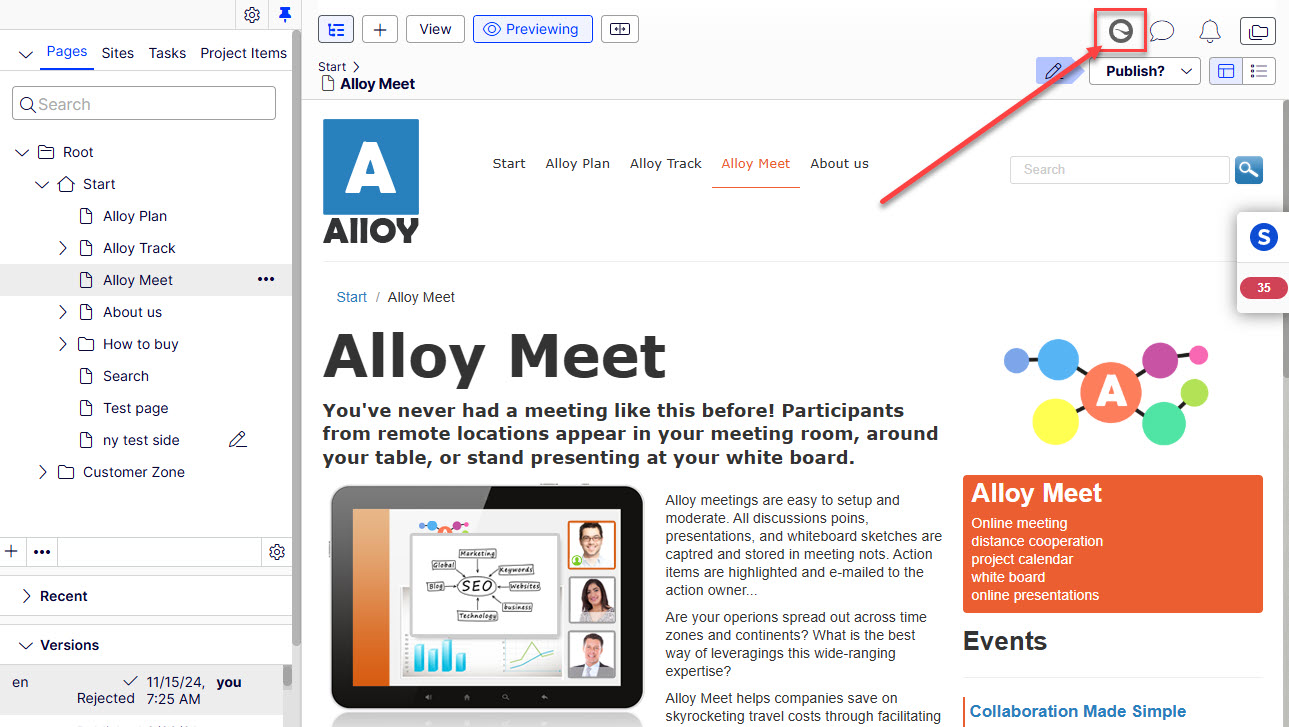 Screenshot showing the Prepublish check button in Optimizely