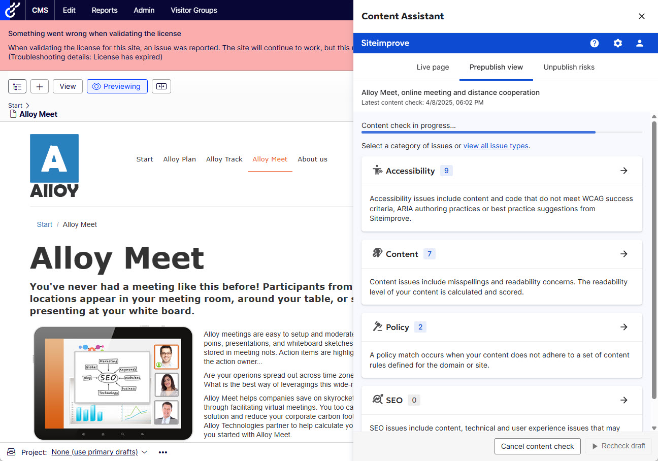 Screenshot of Prepublish check processing in Optimizely