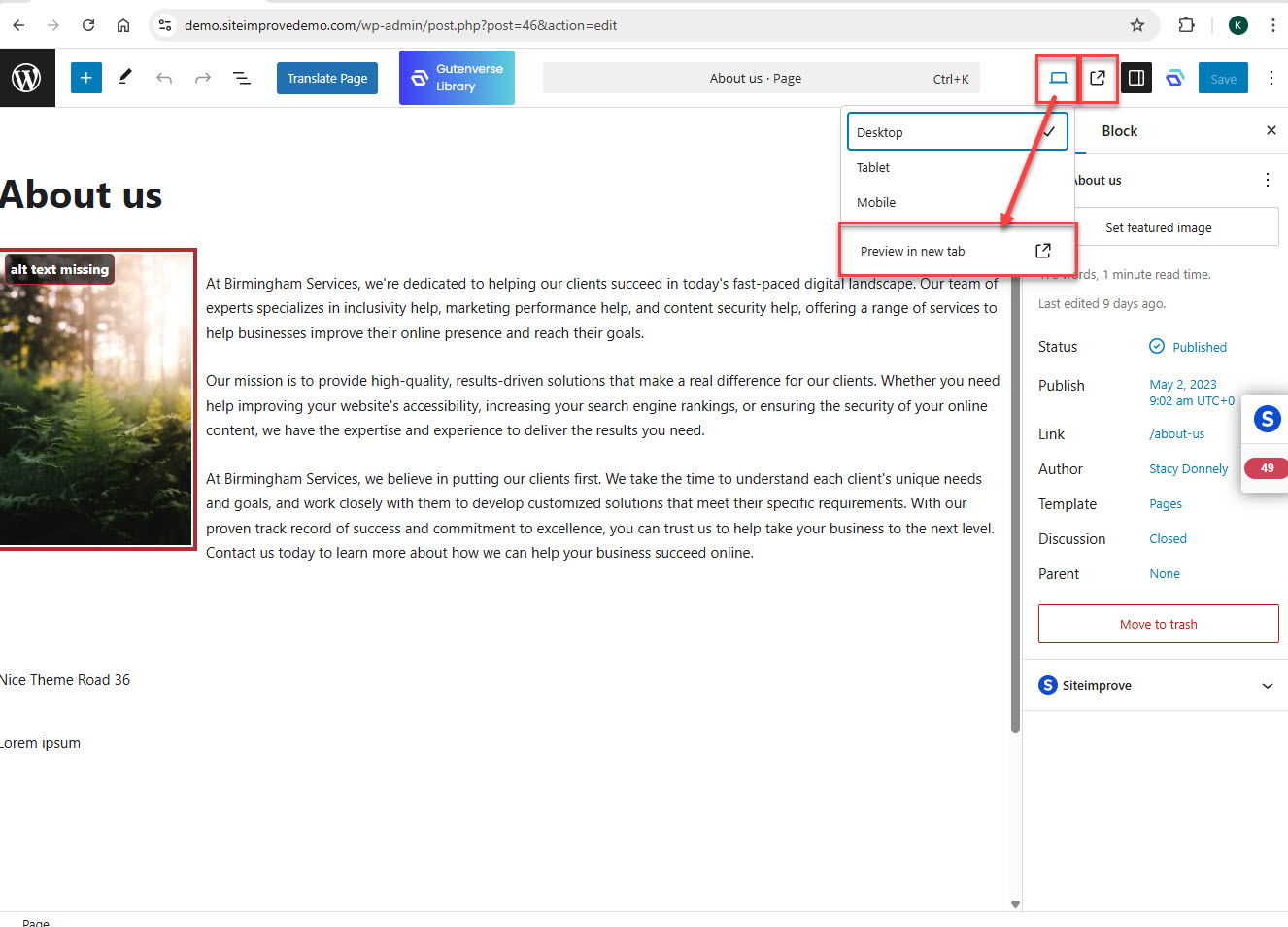 Screenshot of selections for Preview mode in Block Editor in WordPress