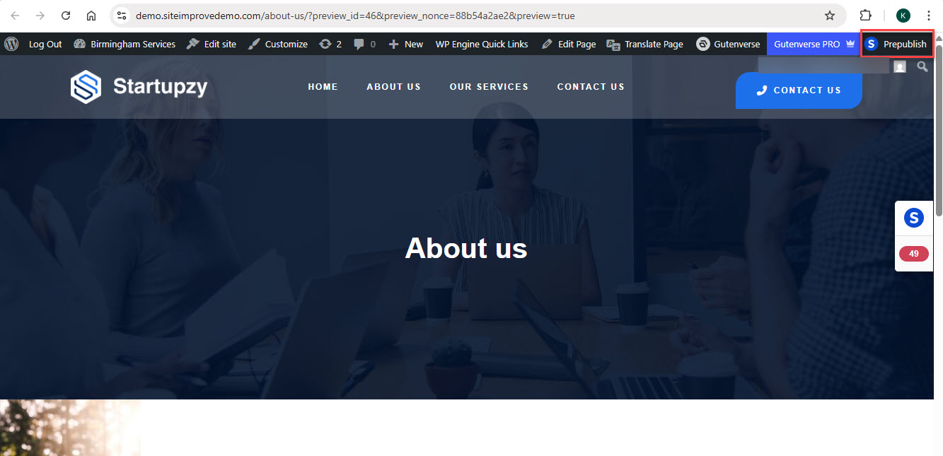 Screenshot of selecting Prepublish button in top bar in WordPress