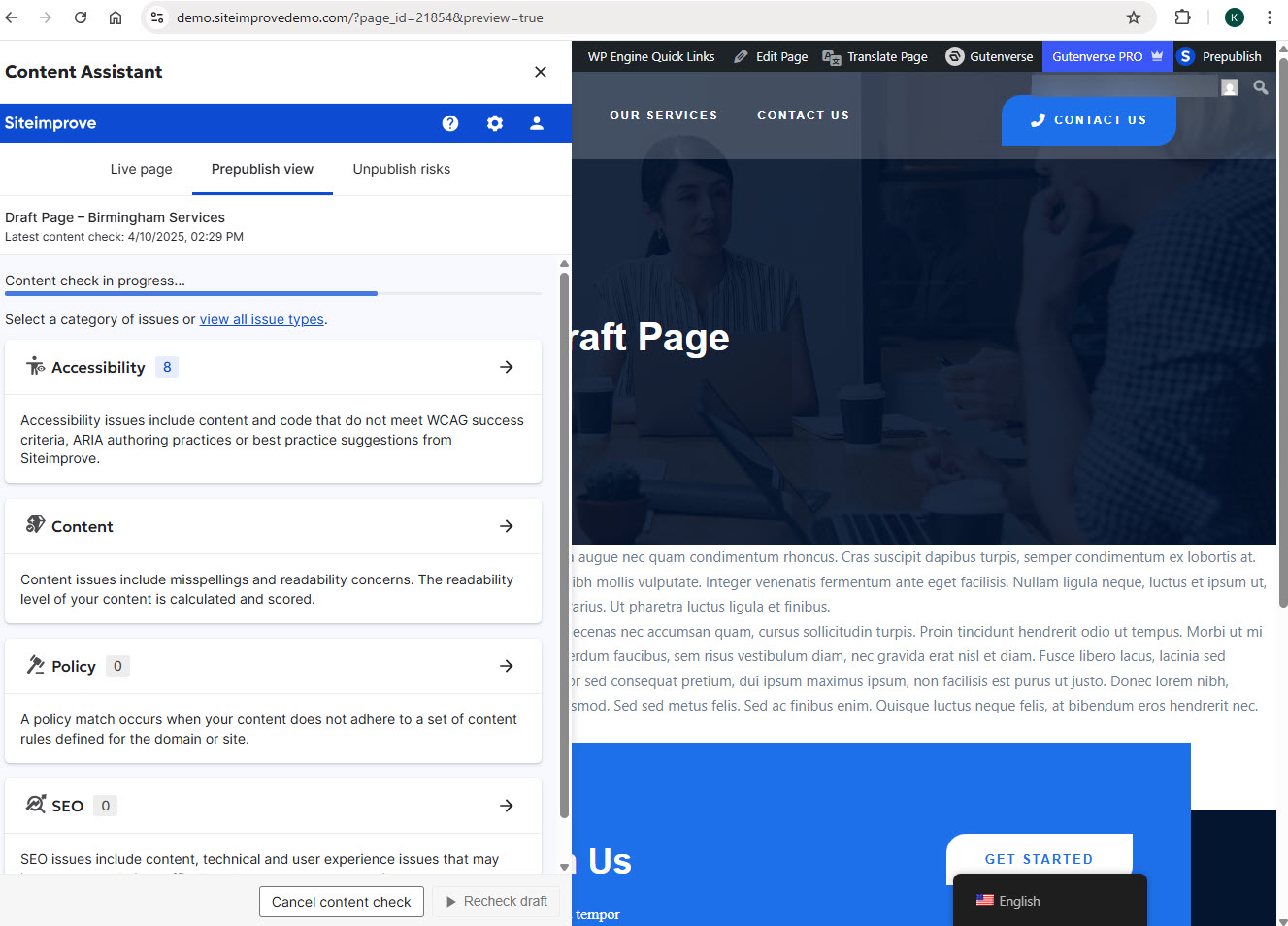 Screenshot of Prepublish check processing and cancel check button displaying in WordPress