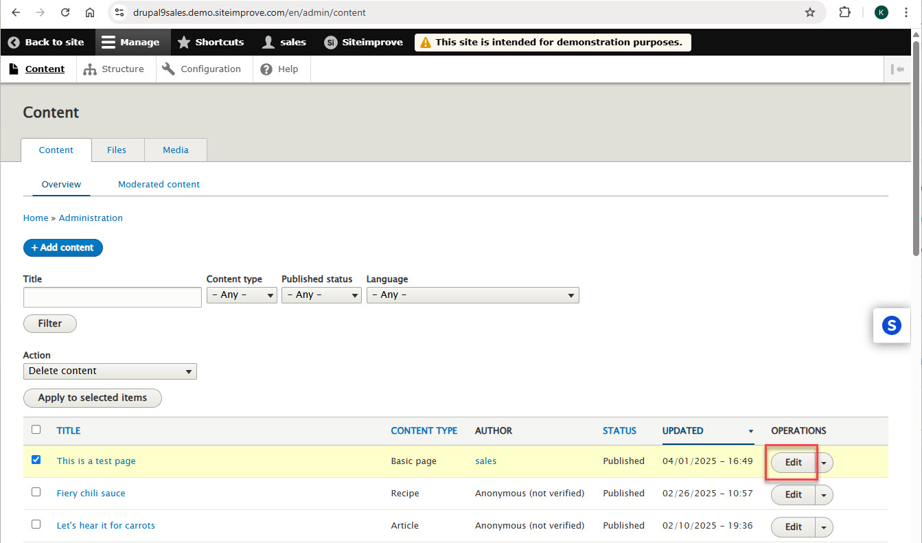 Screenshot showing selecting and editing a page in Drupal