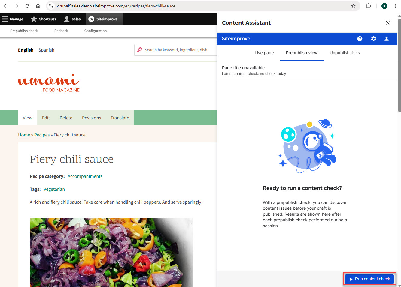 Screenshot of the Run content check button in the plugin overlay in Drupal